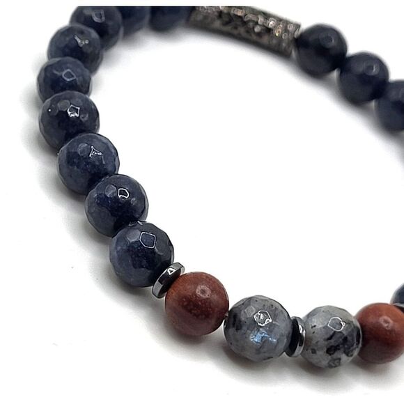 Healing Lapis Labradorite Hematite Wood Beaded Bracelet 7.5in - Picture 1 of 3